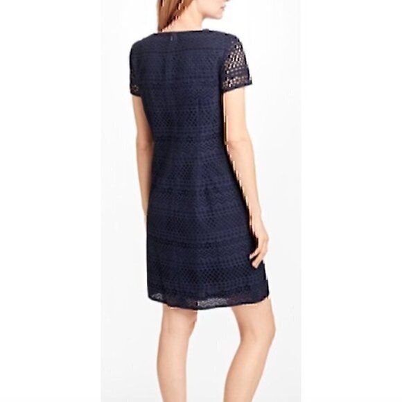BROOKS BROTHERS Solid Navy Blue Eyelet Floral Lace Up 100% Cotton Shift Dress 2 - Picture 3 of 11